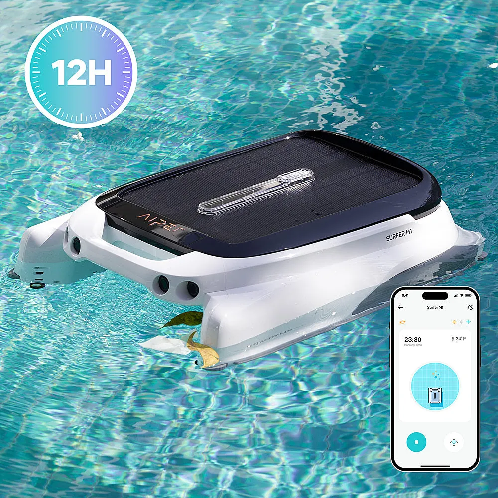 Aiper - Surfer M1 Solar Powered Automatic Robotic Pool Skimmer Cleaner, Lasts 12 Hours, App Control, Ultrasonic Detection - White