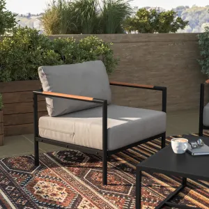 Amy Black Metal Indoor/Outdoor Patio Chair with Teak Accented Arms Amy Black Metal Indoor/Outdoor Patio Chair with Teak Accented Arms