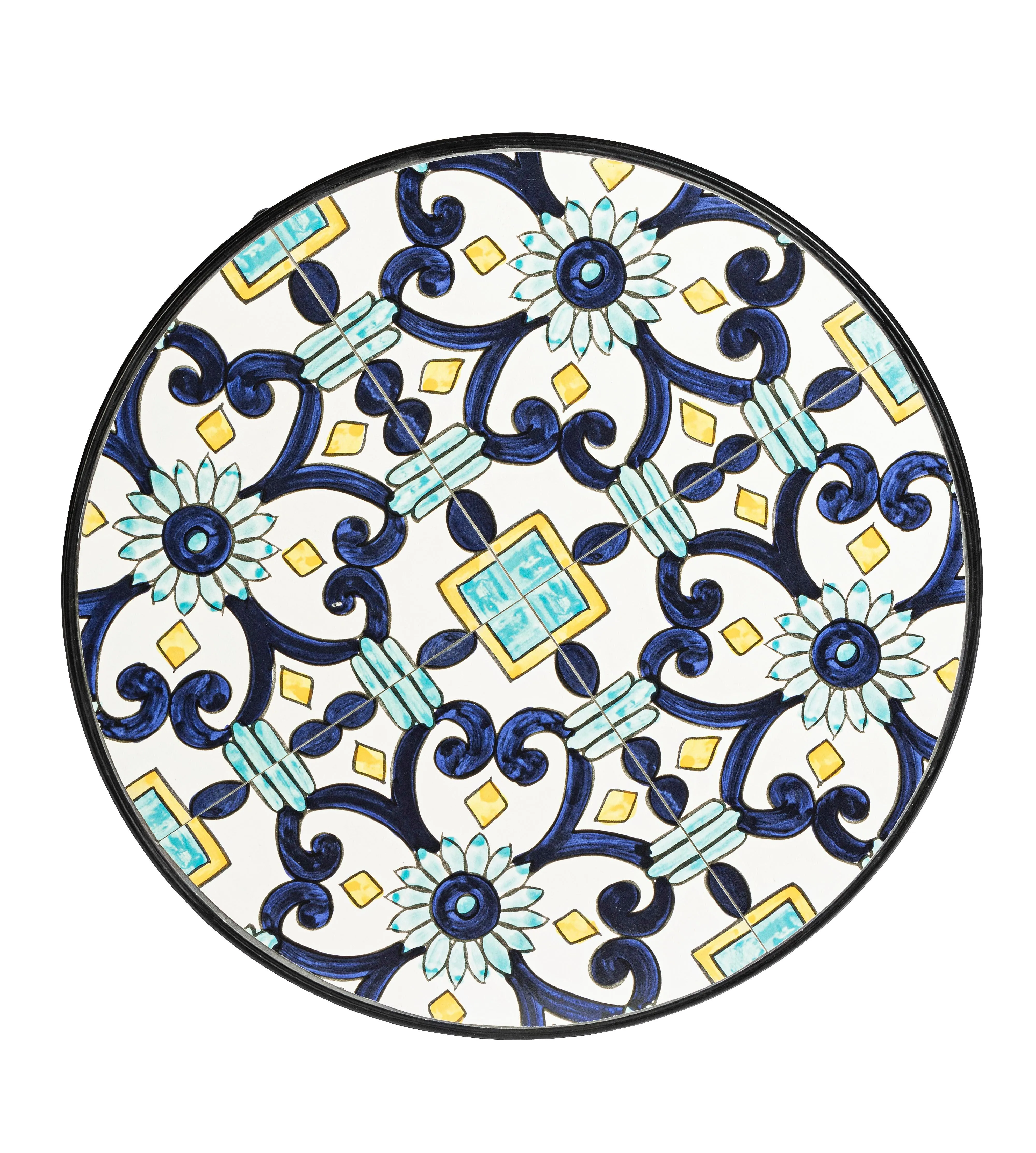 Set tavolo e 2 sedie in ferro con seduta e decori in ceramica