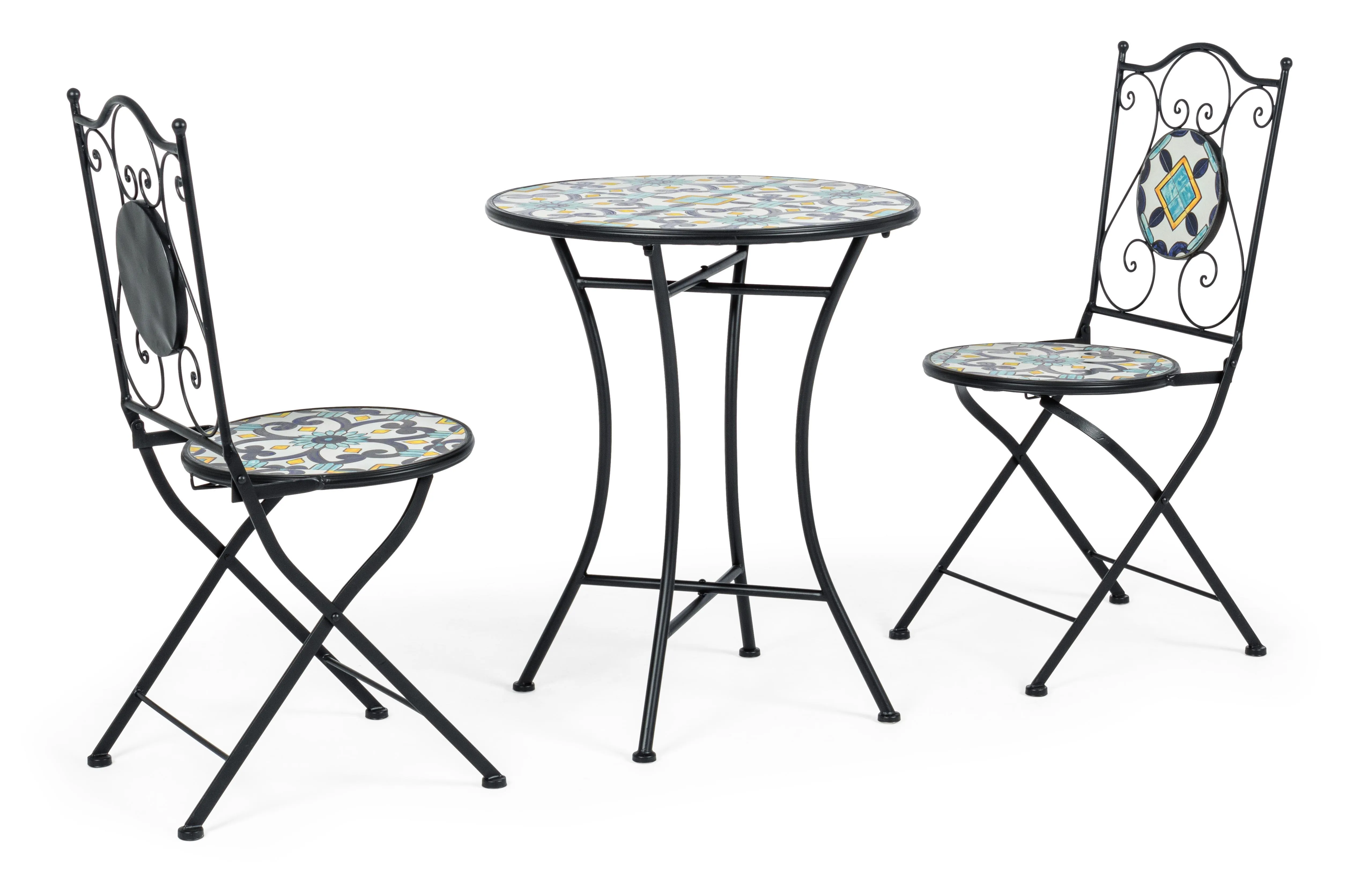 Set tavolo e 2 sedie in ferro con seduta e decori in ceramica