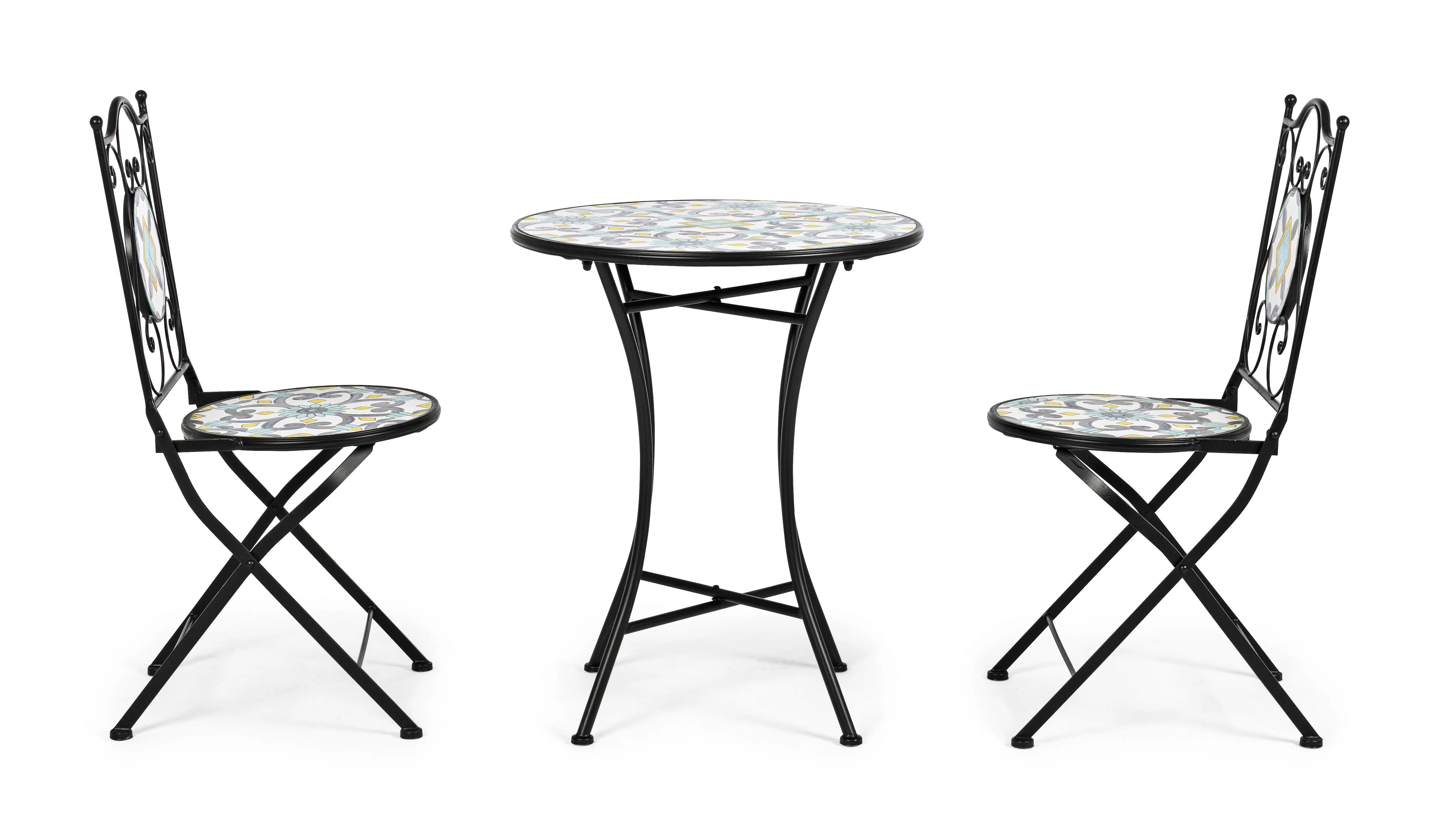 Set tavolo e 2 sedie in ferro con seduta e decori in ceramica